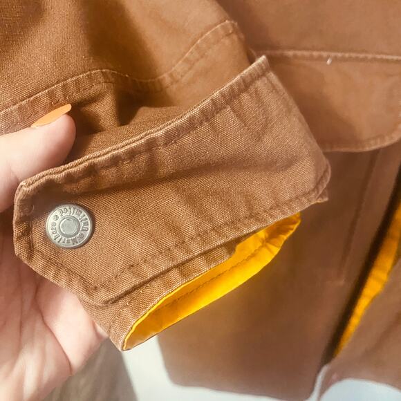 Marlboro Vintage Reversible Long Raincoat Brown Yellow Pockets Zip Closure Sz M - Picture 6 of 14